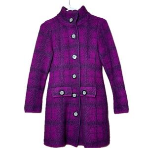 McDonald NZ Merino Wool Possum Fur Coat XS Purple Plaid Button Jacket